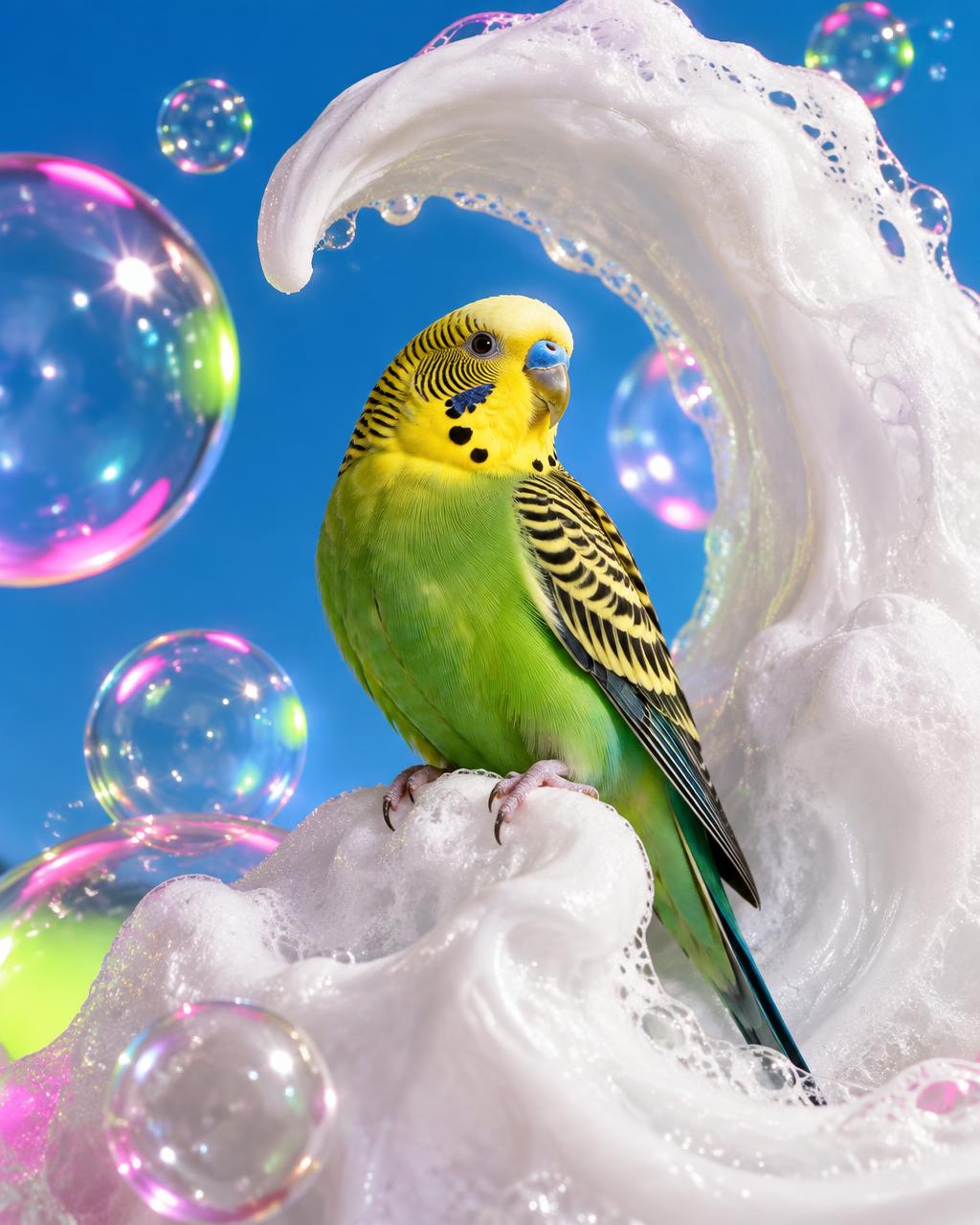 Green budgerigar perched in sculpted shampoo foam